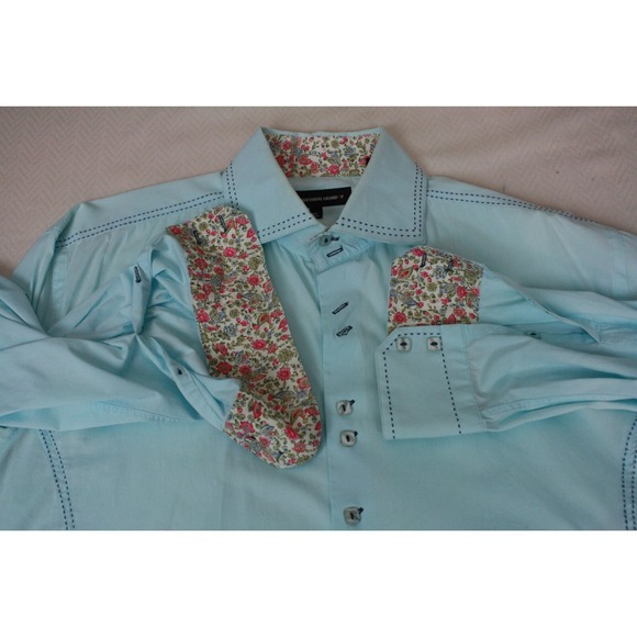 INTERNATIONAL LAUNDR Men's Shirt Teal Blue Fashion Top Stitch Contrast Cuff XL - Picture 7 of 13